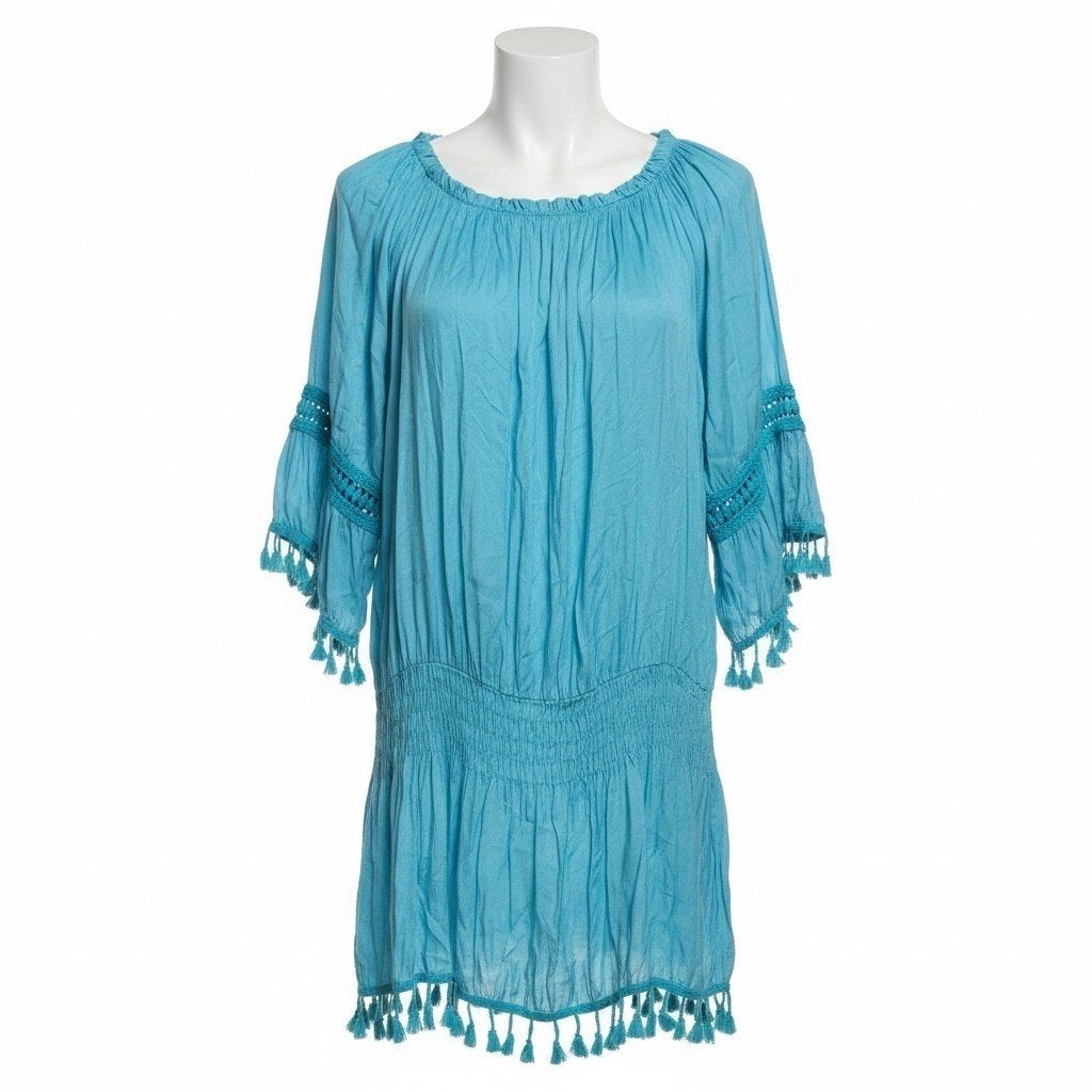 Turquoise tuniekjurk met franjes & boho details, Kleding | Dames, Ophalen of Verzenden, Zo goed als nieuw, Blauw, Onder de knie