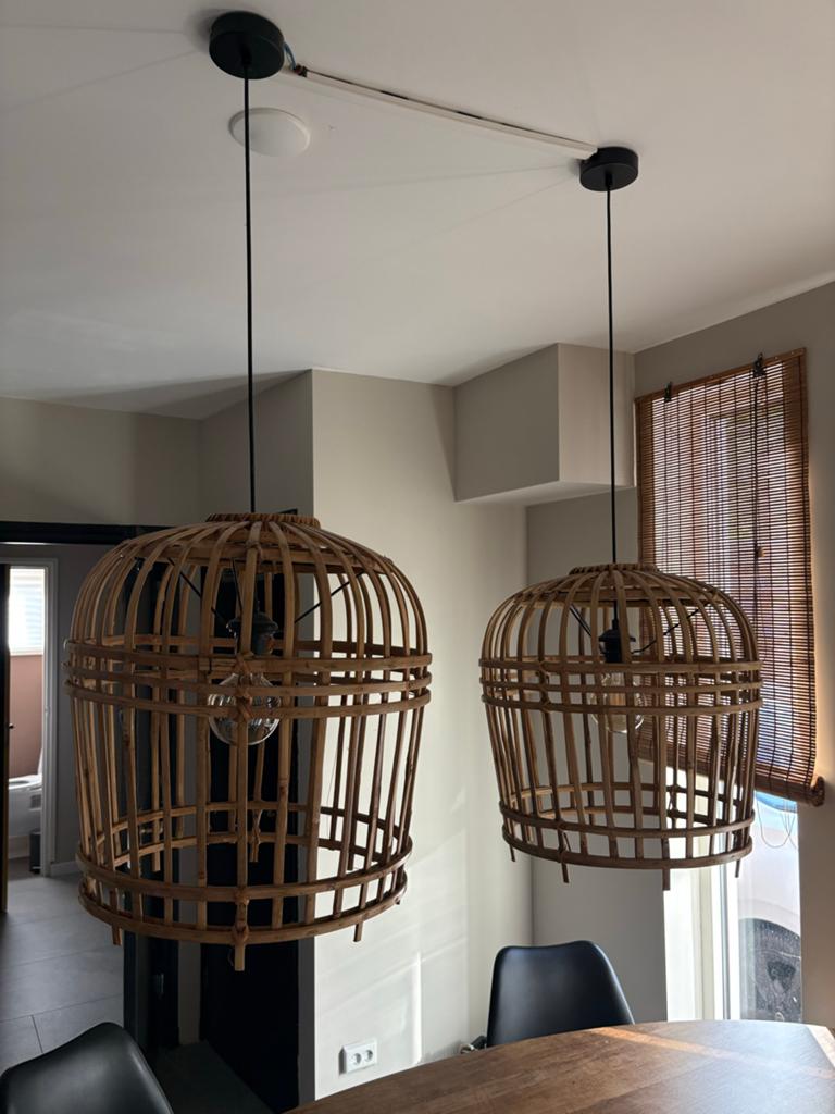 Set van 2 bamboe hanglampen, Ophalen, Zo goed als nieuw, Hout, 75 cm of meer