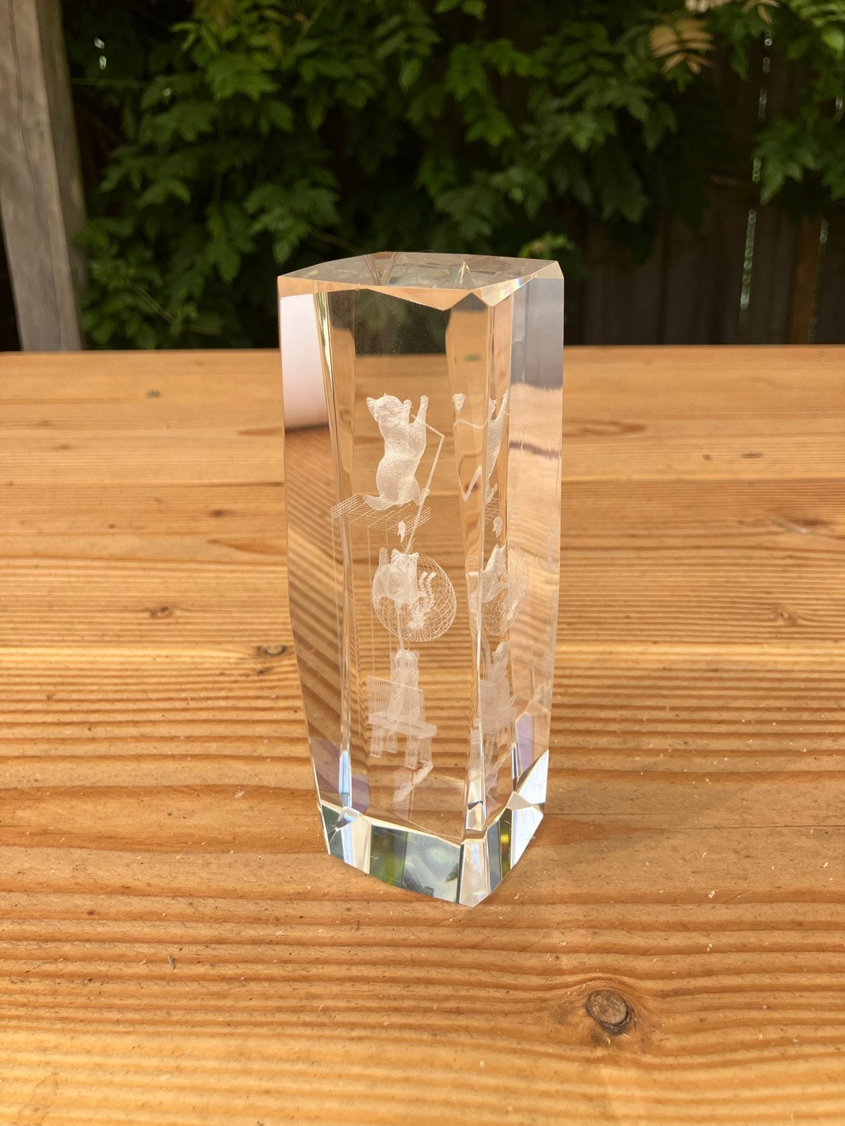 Glazen display met drie ingelaserde poesjes, Ophalen of Verzenden, Zo goed als nieuw, Dier