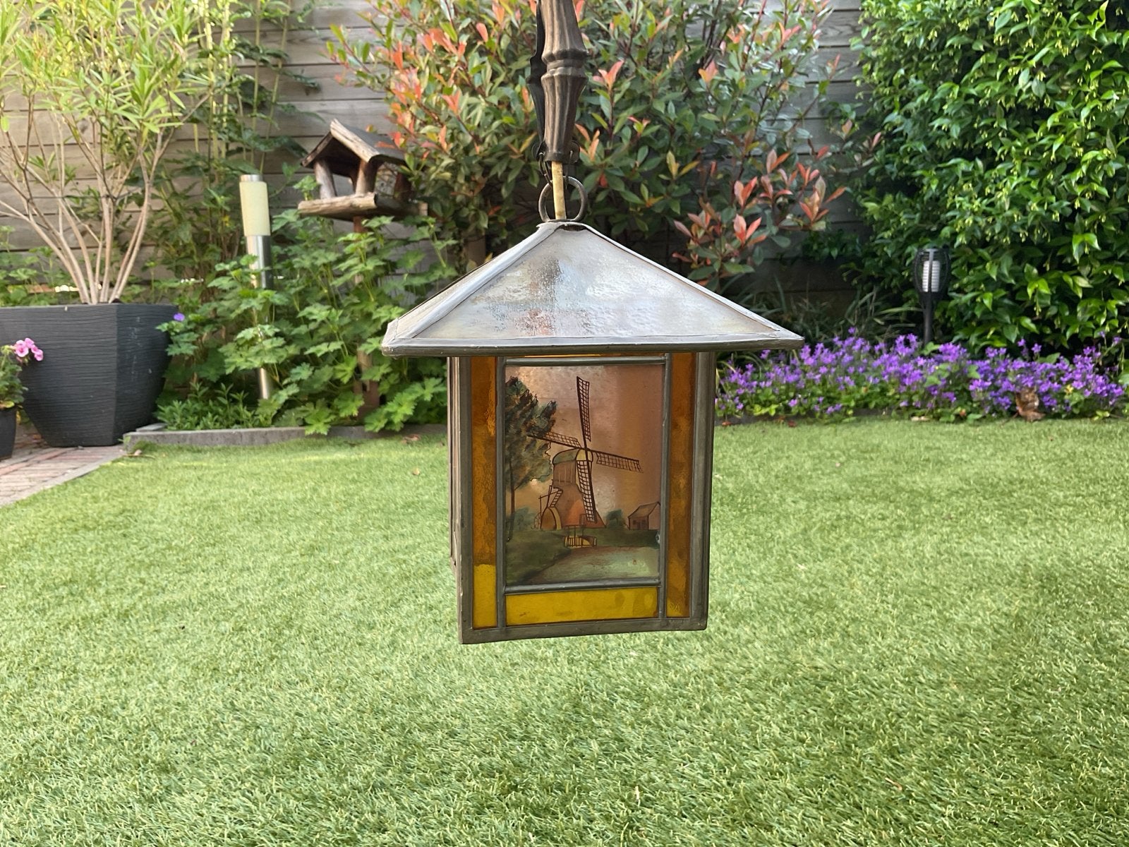 Vintage Hanglamp met Molenmotief - Glas-in-lood Stijl, Antiek en Kunst, Antiek | Lampen, Ophalen