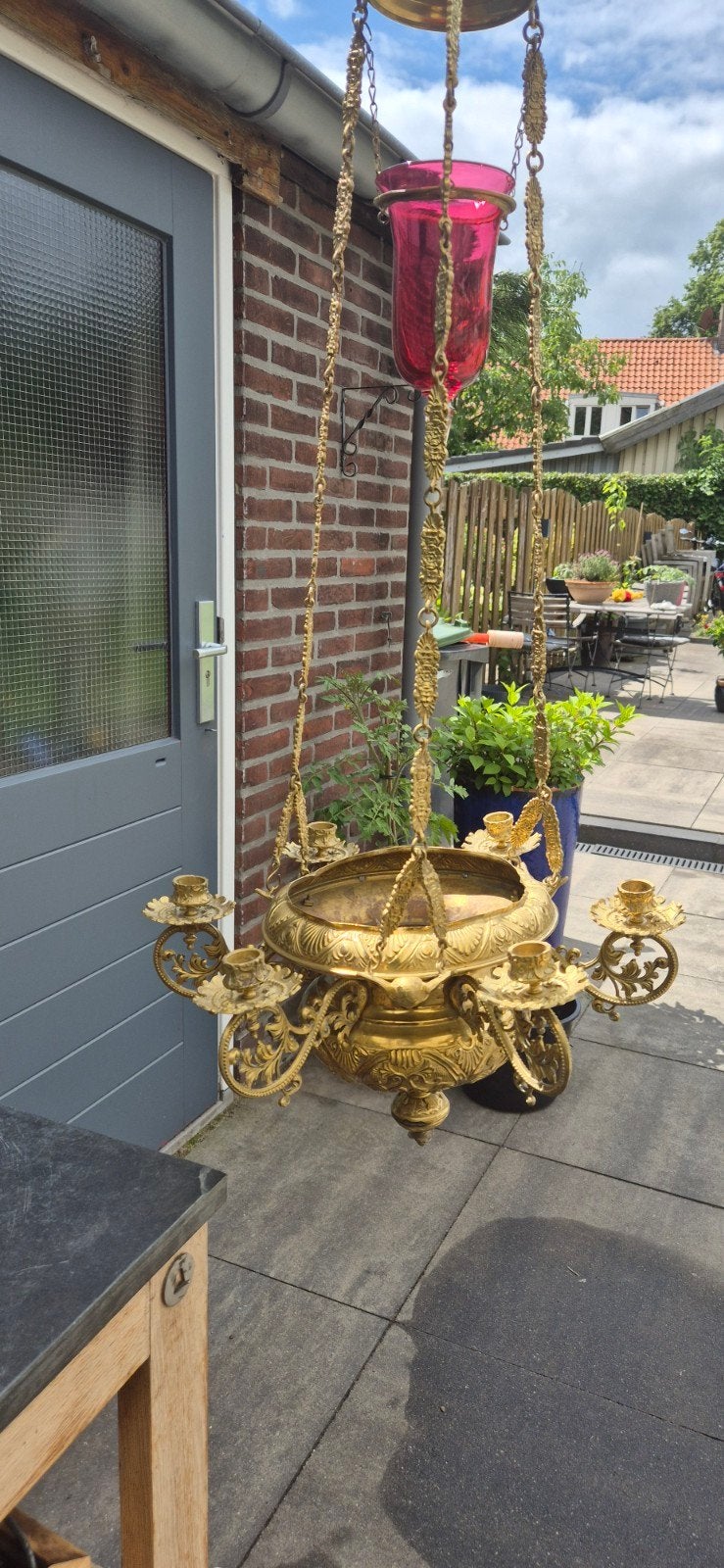 Antieke koperen hanglamp met rood glas, Ophalen of Verzenden, Koper of Brons