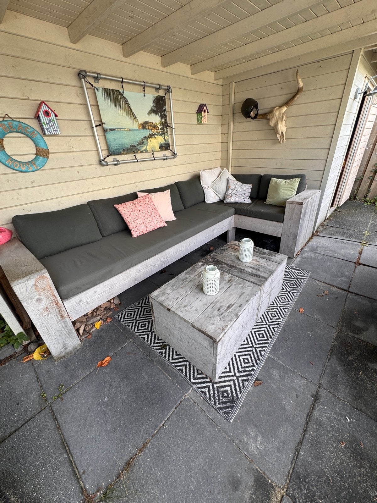Steigerhouten loungeset met kussens en salontafels, Ophalen, Gebruikt, Steigerhout, Loungeset