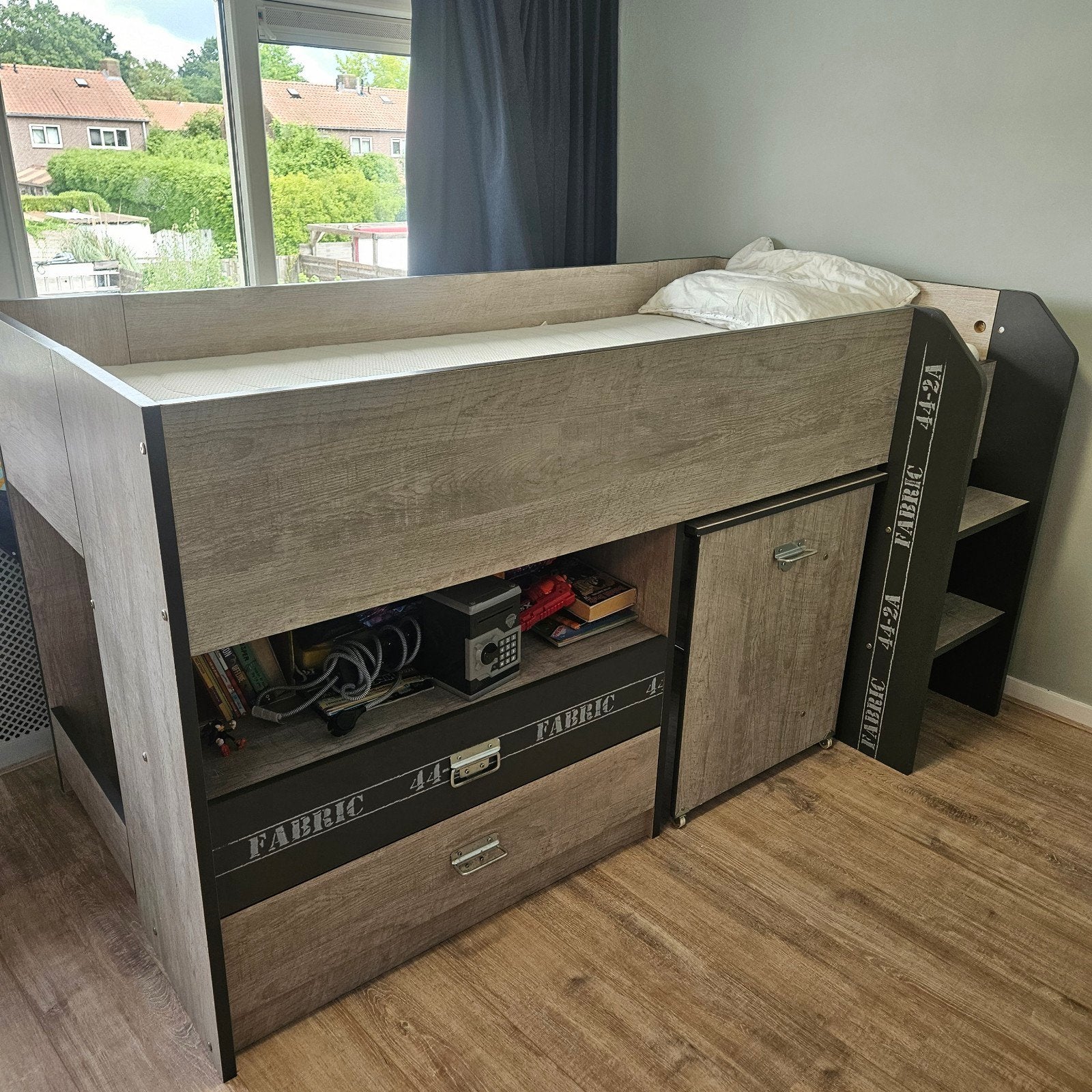 Halfhoogslaper met bureau en opbergruimte, Ophalen, Eenpersoons, 90 cm, Hoogslaper
