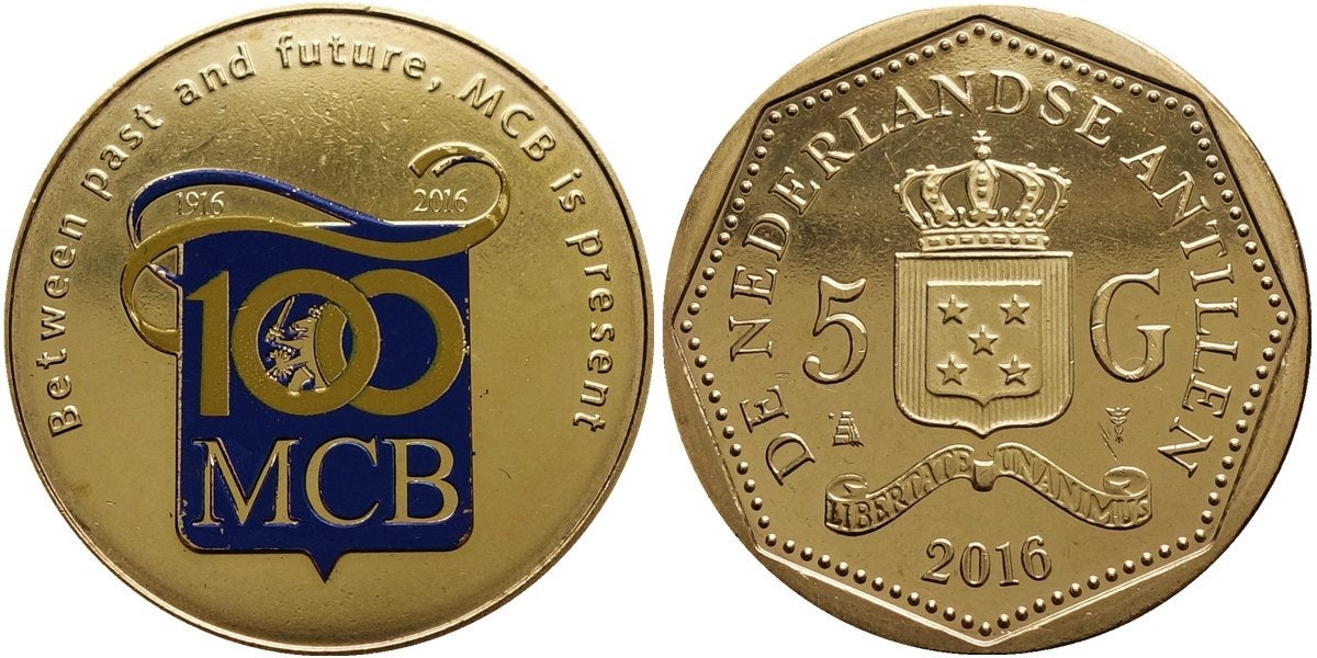 Nederlandse Antillen /Curacao 5 Gulden 100 jaar MCB 2016 UNC, Postzegels en Munten, Munten | Nederland, Losse munt, 5 gulden, Koningin Beatrix