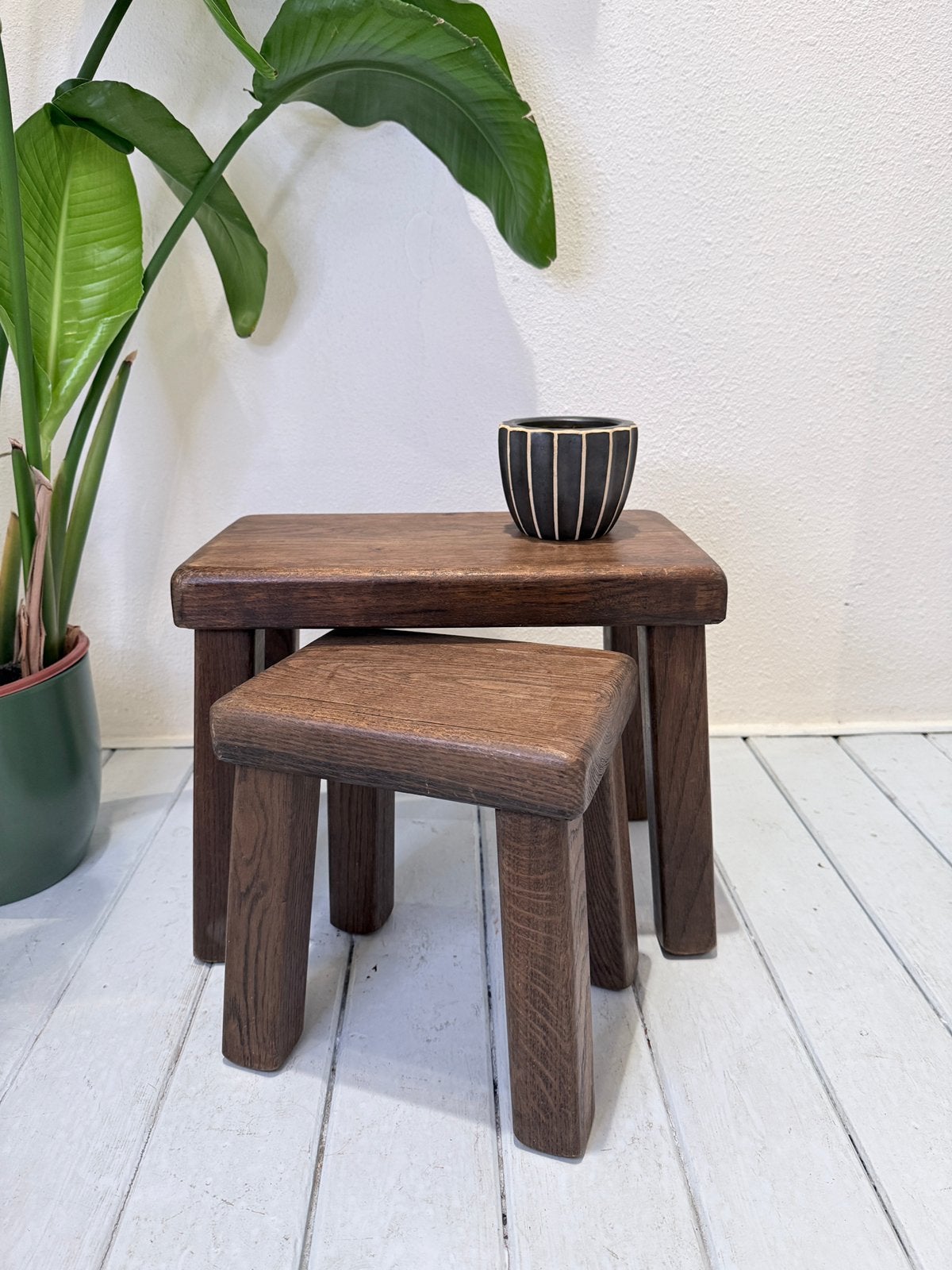 Brutalist bijzettafels / set van 2, Gebruikt, Vintage, Vintage, Hout