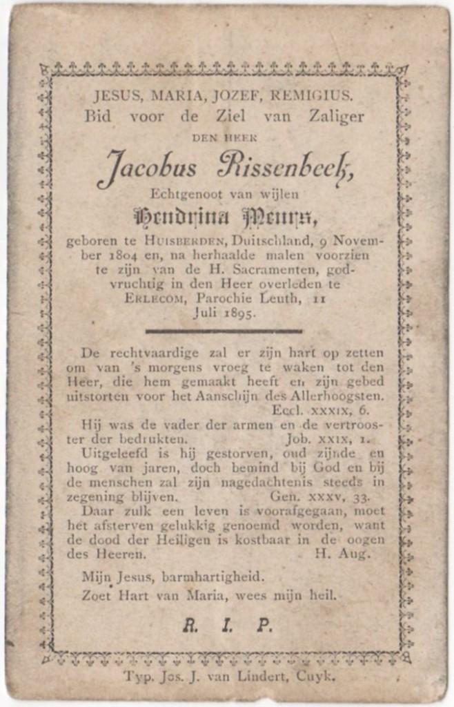 Johannes Rissenbeek 1804 Huisbergen + 1895 Erlecom Leuth, Verzamelen, Bidprentjes en Rouwkaarten, Verzenden