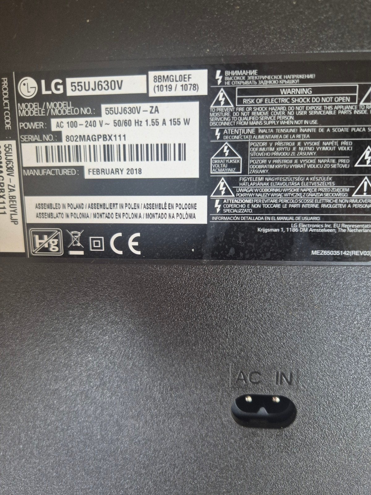 LG 55 inch tv. let op: defect, Ophalen, 100 cm of meer, 50 Hz, LG