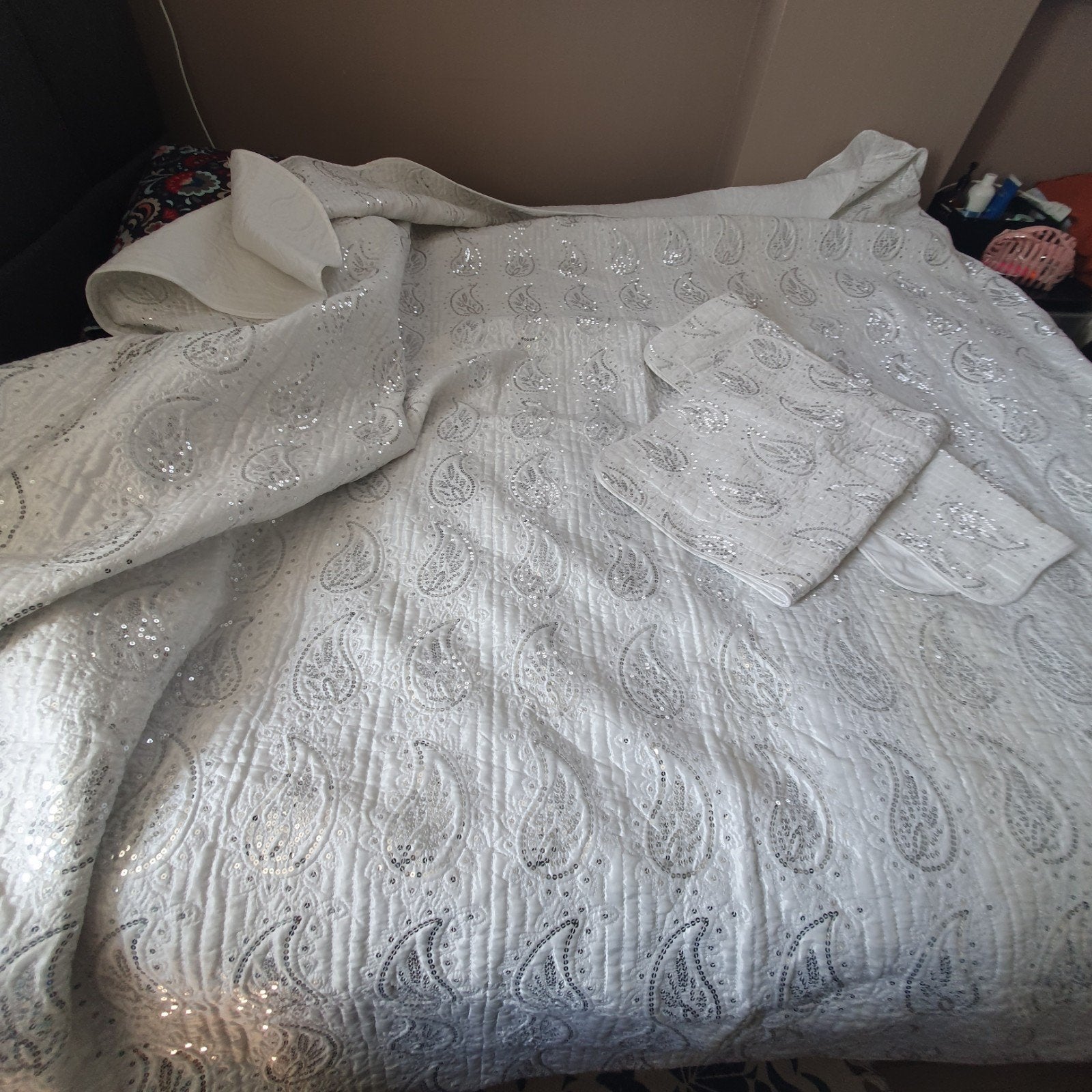 bedsprei   zilveren pailletten, tweepersoons, Wit, Dekbedovertrek, Tweepersoons, Ophalen of Verzenden