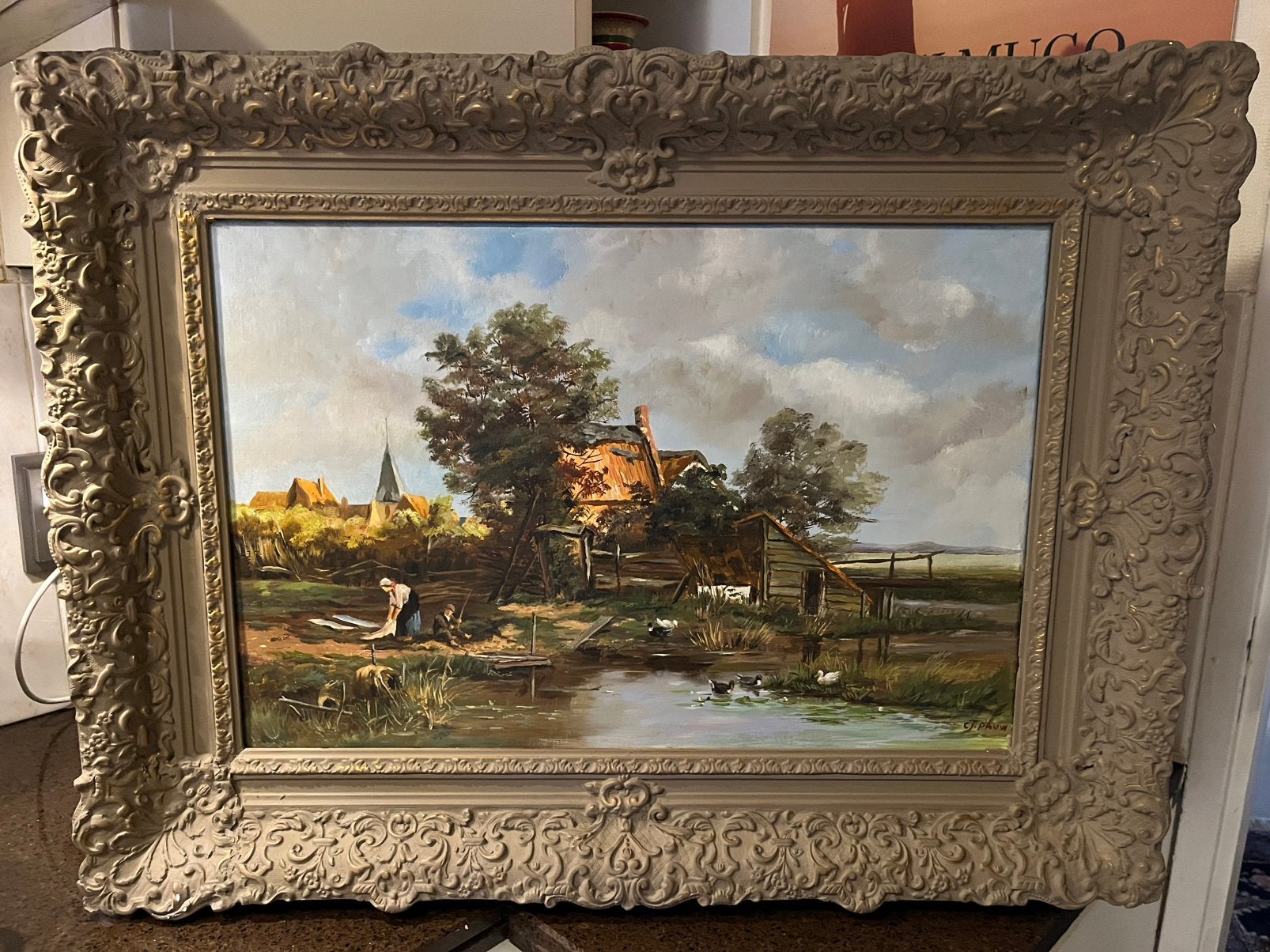 Antiek groot olieverf dorpsgezicht schilderij, Ophalen