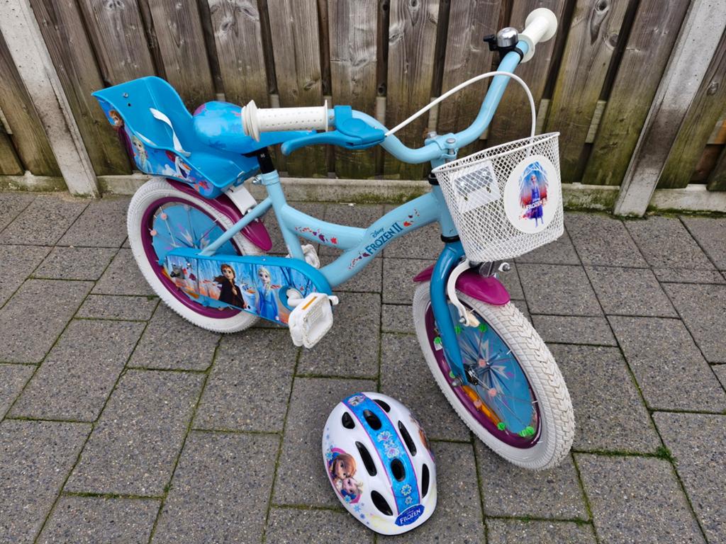Disney Frozen kinderfiets 16 inch, Ophalen, Zo goed als nieuw, 16 tot 20 inch, Zijwieltjes