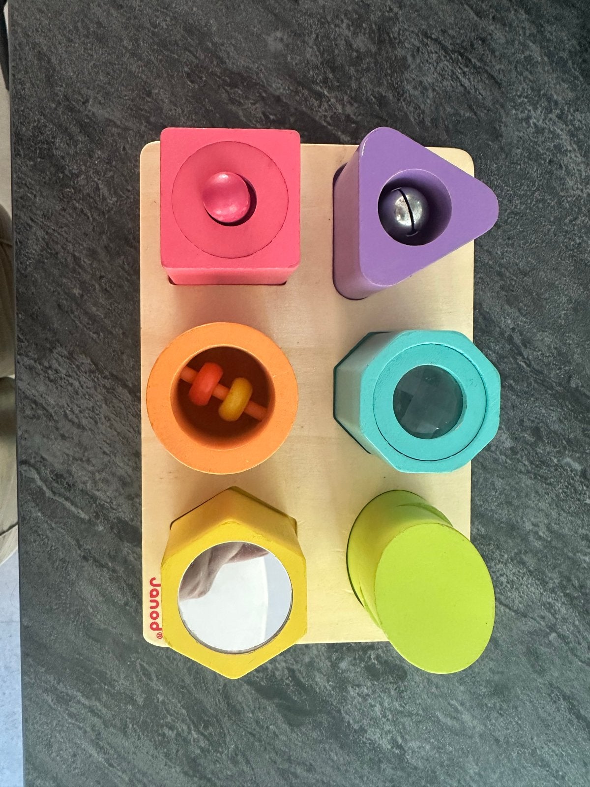 Janod Houten Vormenstoof met Zintuiglijke Blokken, Ophalen of Verzenden, Gebruikt, Overige typen, Met geluid