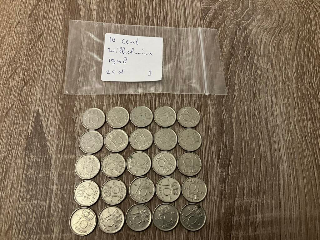 10 cent gulden 1948 jaar 25 stuks., Ophalen of Verzenden, Koningin Wilhelmina, 10 cent, Setje