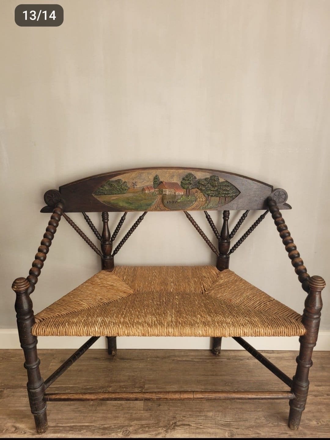 Antiek Bobbin Bankje met Gevlochten Zitting en Carving, Ophalen