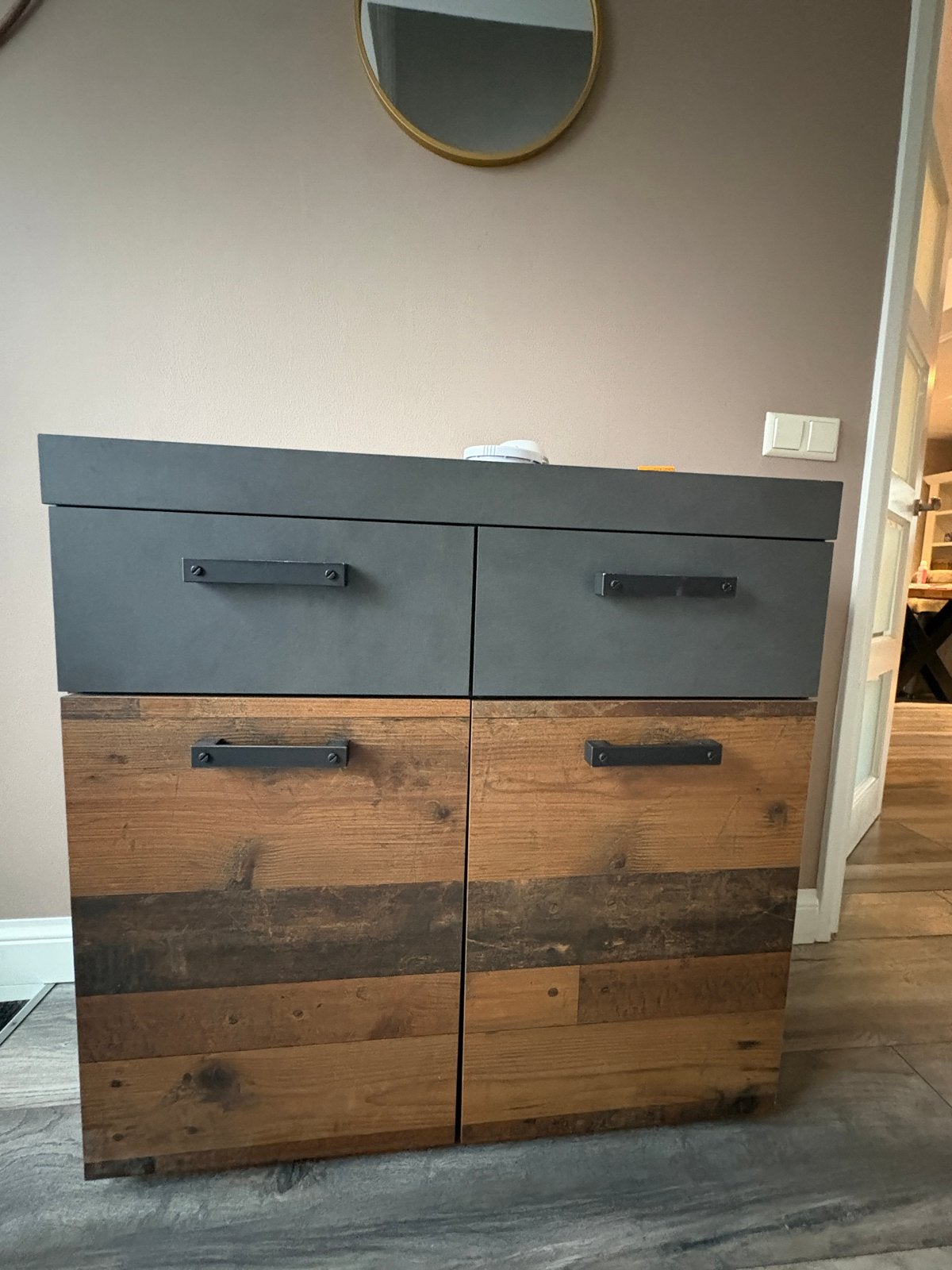 Modern dressoir met lades en deuren - Hout en antraciet, Huis en Inrichting, Gebruikt, Met lade(s), 25 tot 50 cm, Overige houtsoorten