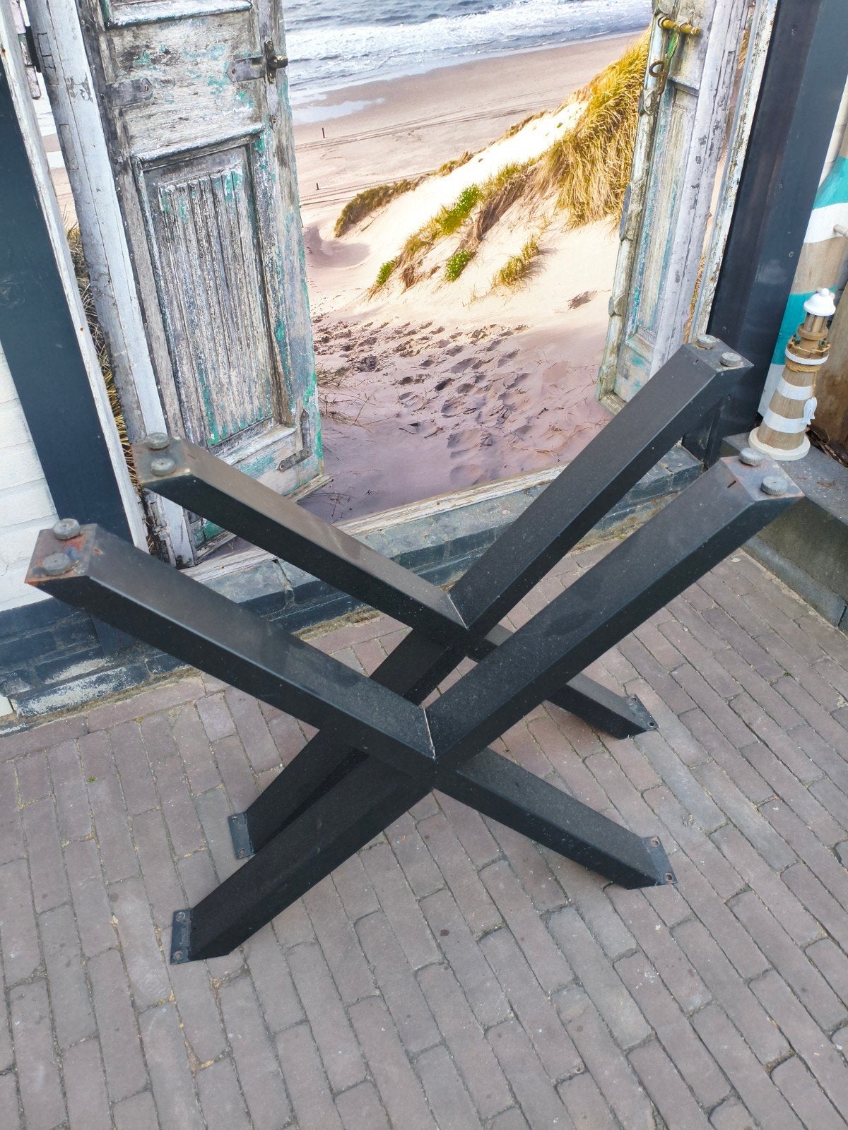 Zwart metalen tafelpoot onderstel - X-vorm, Huis en Inrichting, Ophalen, Tafelpoot, Gebruikt, 50 tot 100 cm