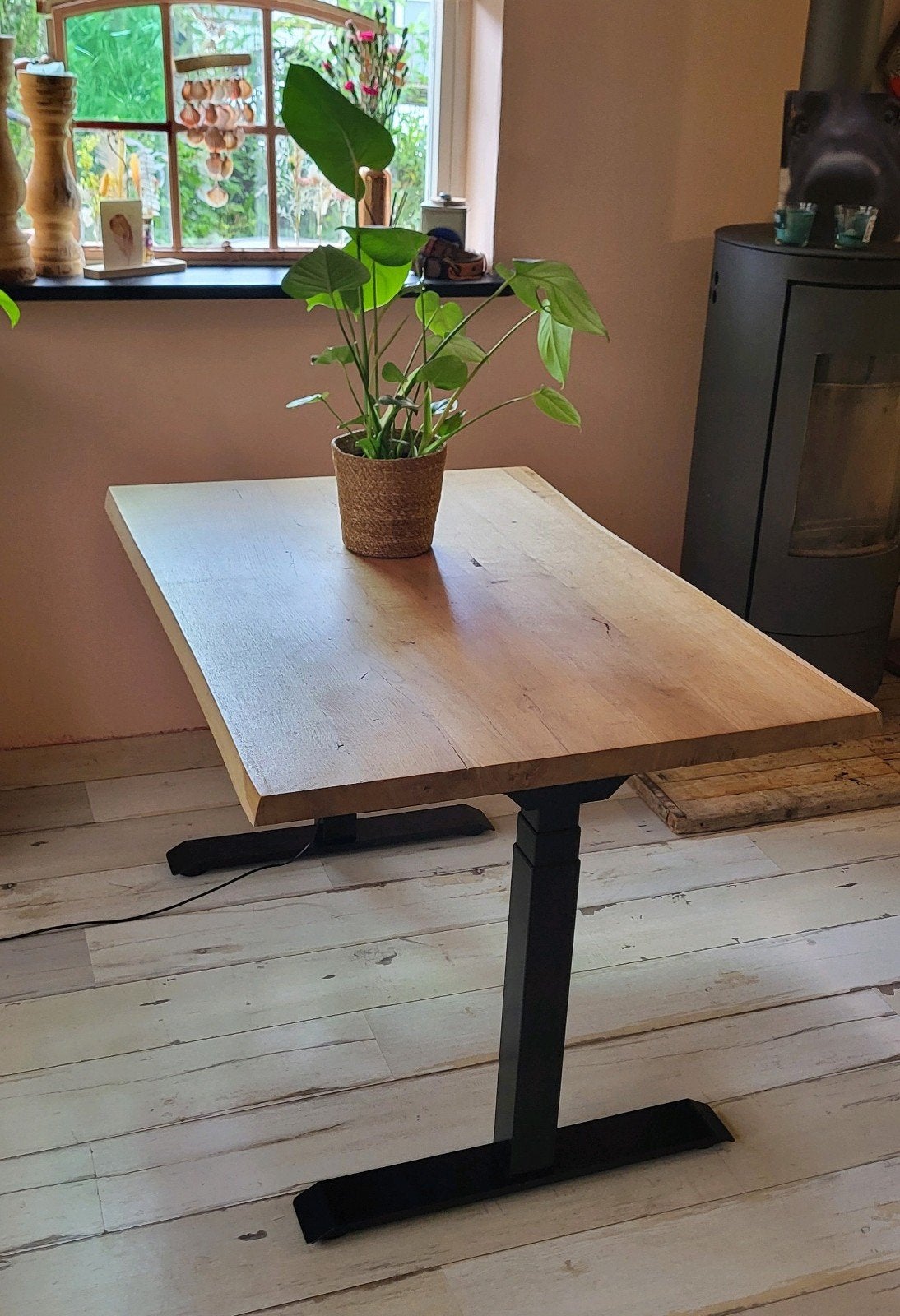 Zit-sta bureau met massief eiken boomstam blad (120x80x4cm), Zit-sta bureau, Hout, Bruin, Ophalen of Verzenden