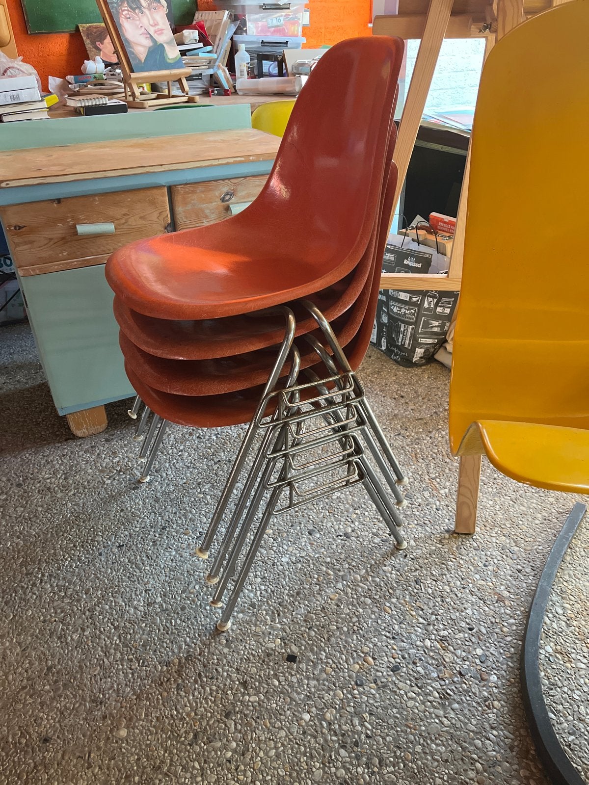 Set van 4 vintage Eames Miller oranje stoelen, Ophalen, Kunststof, Gebruikt, Overige kleuren