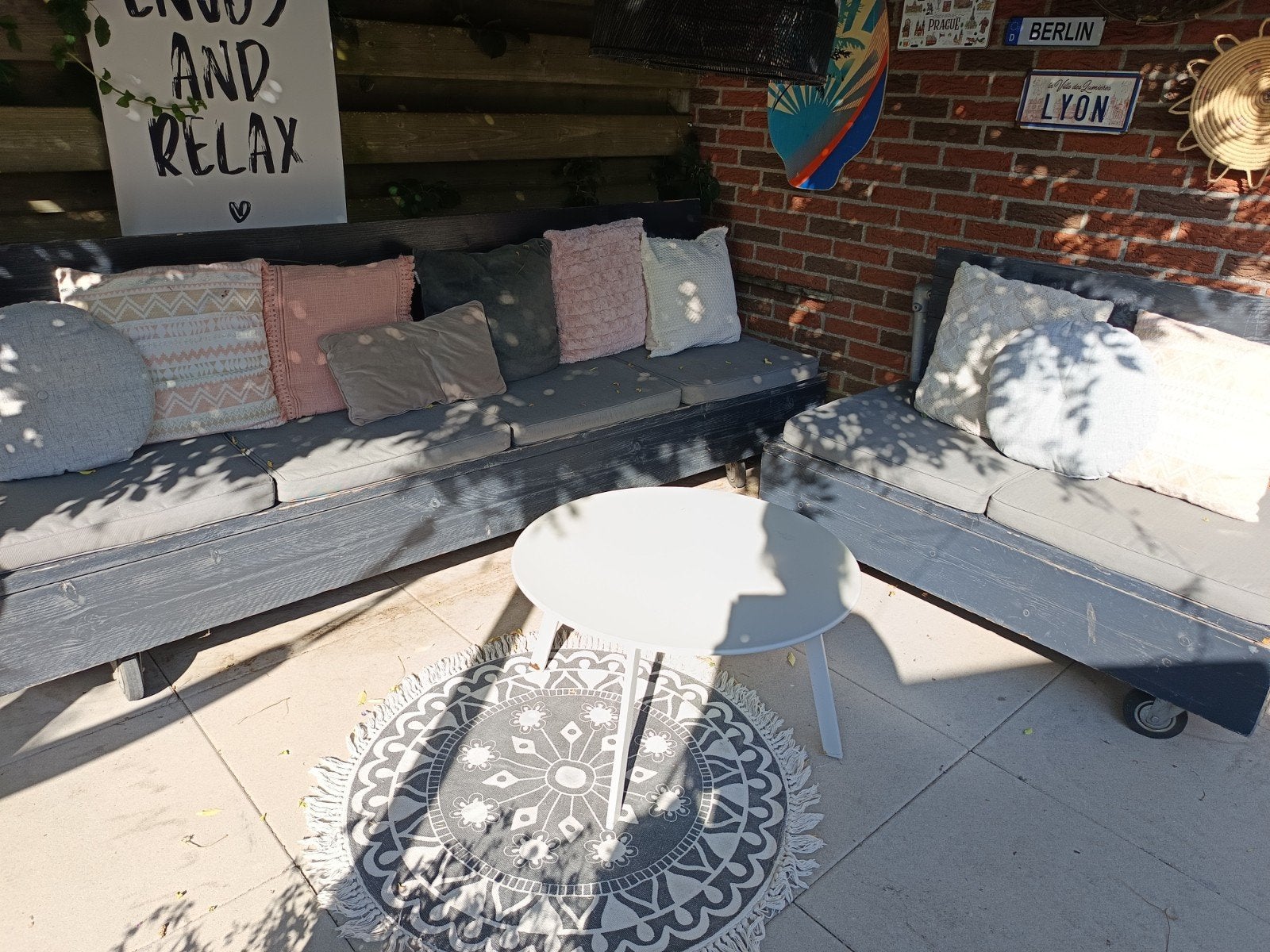 Antraciet steiger houten loungebanken op wielen, Tuin en Terras, Tuinbanken, Ophalen, Gebruikt, Hout