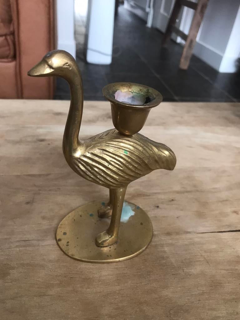 Zware koperen struisvogel kandelaar, Antiek en Kunst, Ophalen of Verzenden