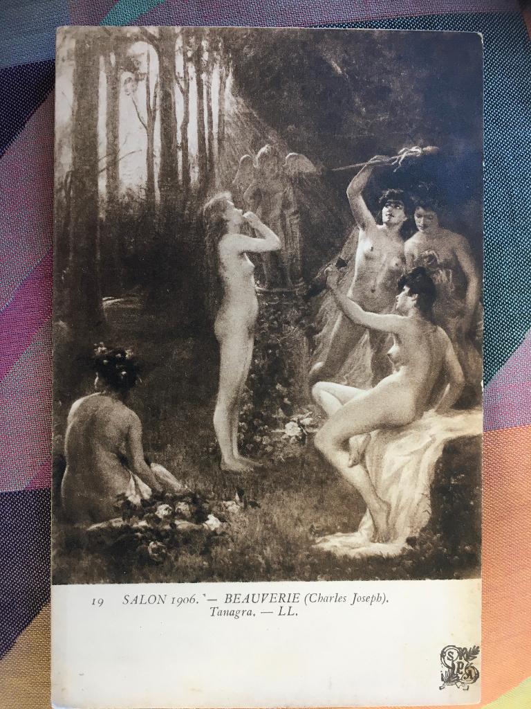 5 dames in het bos bij standbeeld, Ophalen of Verzenden, Voor 1920, Ongelopen, Overige thema's