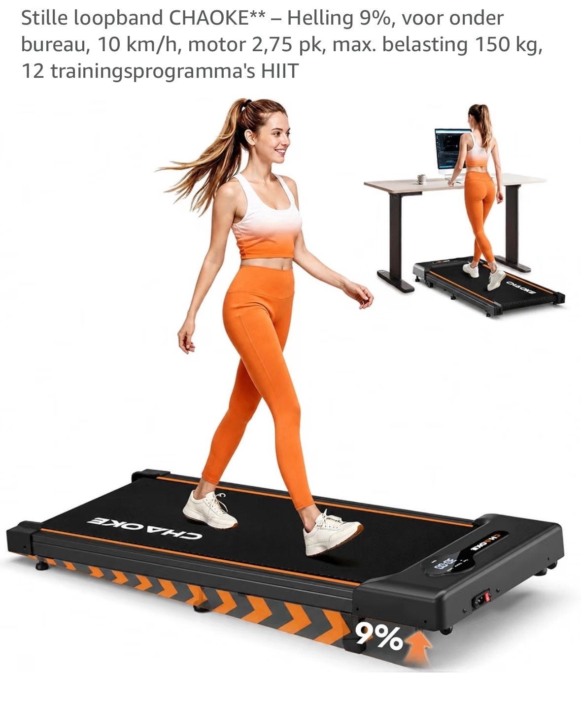 Stille CHAOKE loopband - Helling 9%, 10 km/u, 150 kg max, Sport en Fitness, Ophalen, Nieuw, Metaal, Loopband