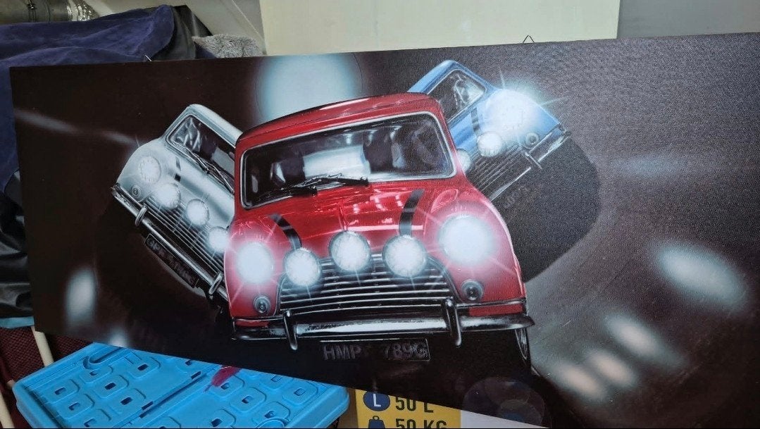 mooie grote canvas lijst met mini Coopers 160 breed x 65, Ophalen, 125 cm of meer, Overige typen, 75 – 100