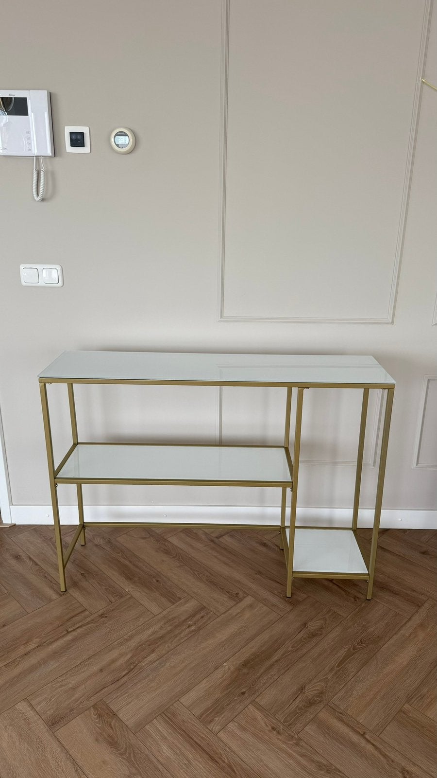 Sidetable goud/witglasplaat, Huis en Inrichting, Tafels | Sidetables, Ophalen, Gebruikt, 100 tot 150 cm, Glas