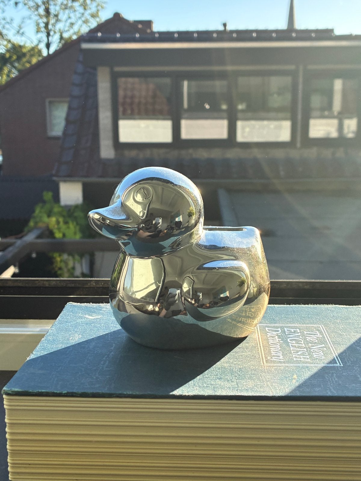 Zilverkleurige eend spaarpot/decoratie, Ophalen of Verzenden, Gebruikt, Zilver, Overige materialen