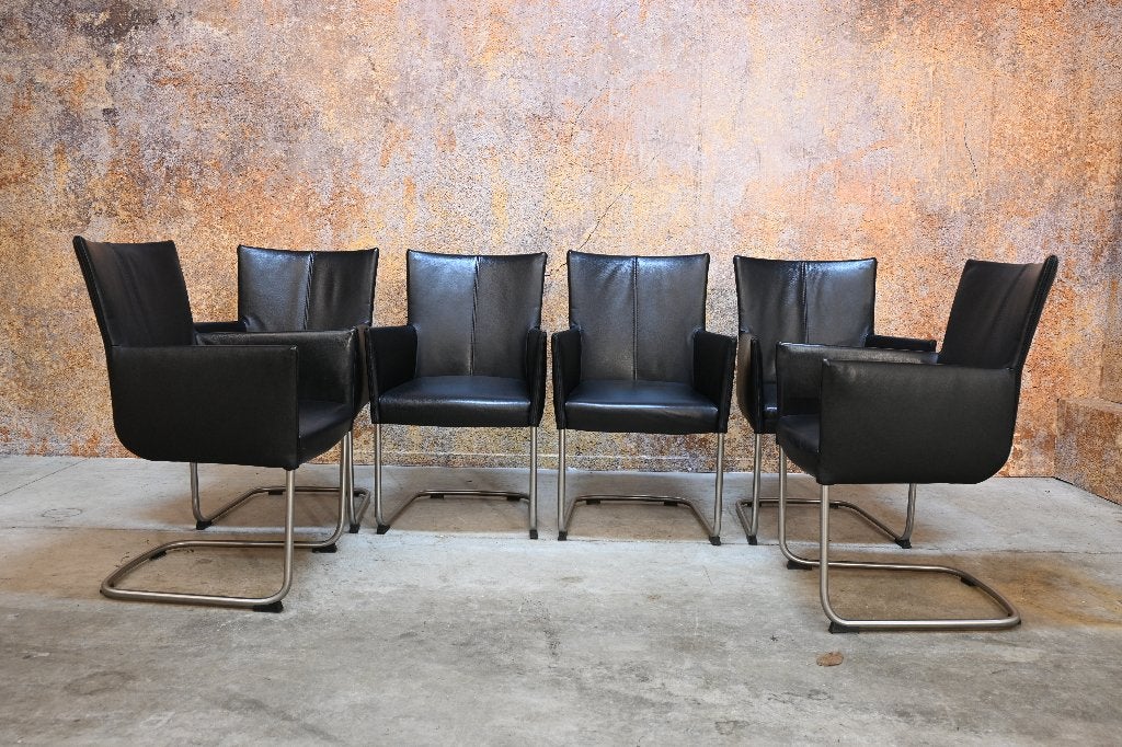 ZGANieuw 6 zwarte leren Bert Plantagie Jones design stoelen, Huis en Inrichting, Zwart, Ophalen of Verzenden, Zo goed als nieuw