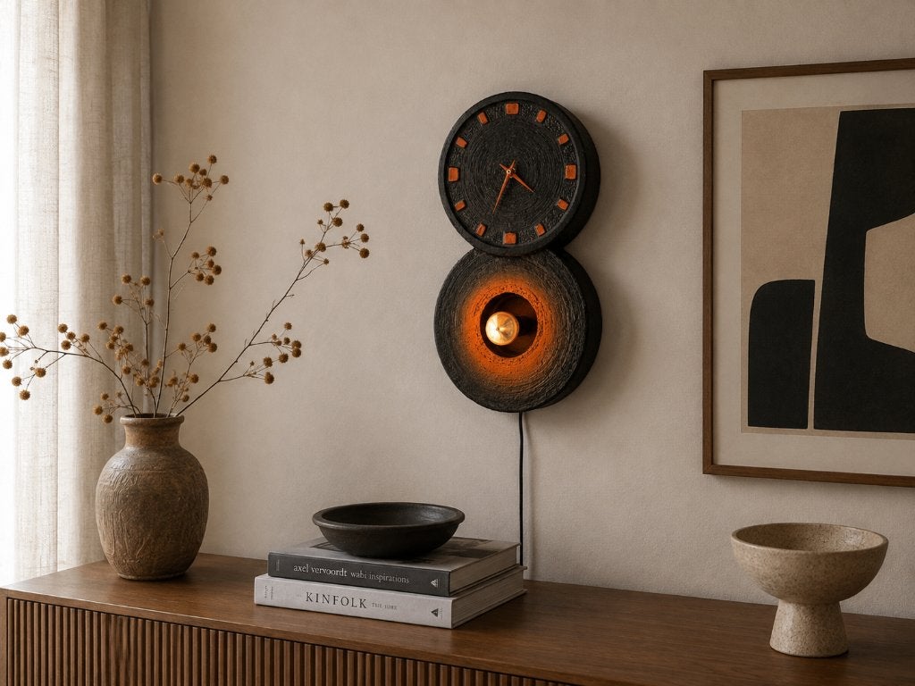 Brutalistische keramische wandklok-lamp Nederlands jaren 70, Ophalen of Verzenden
