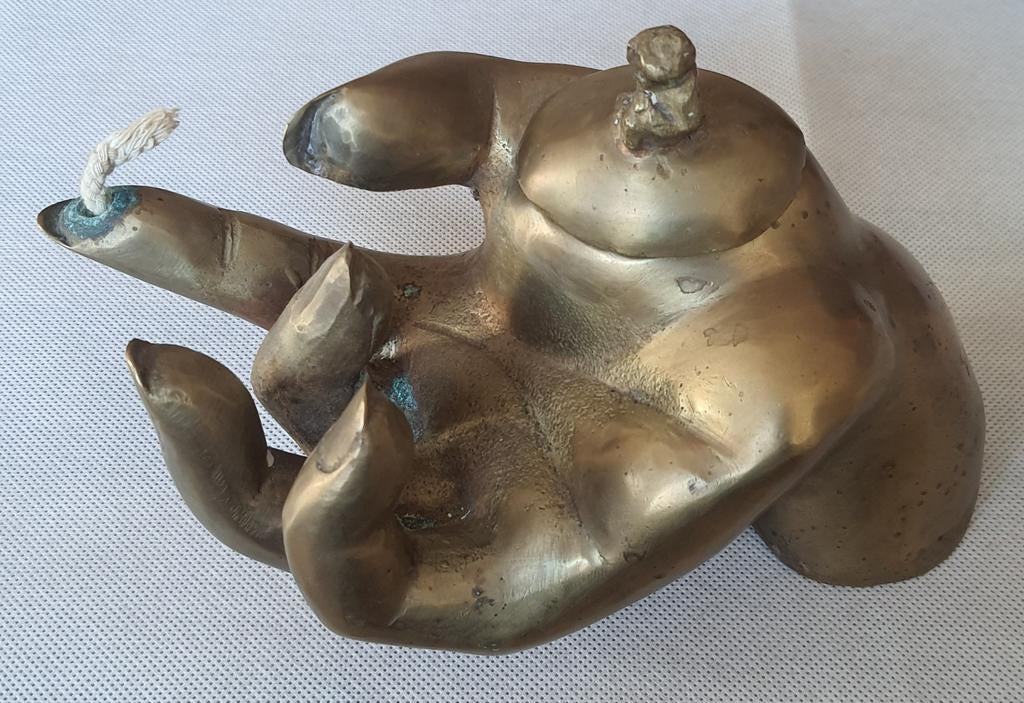 Bronzen Boeddha Hand Olielamp - Uniek Sculptuur, Antiek en Kunst, Ophalen of Verzenden