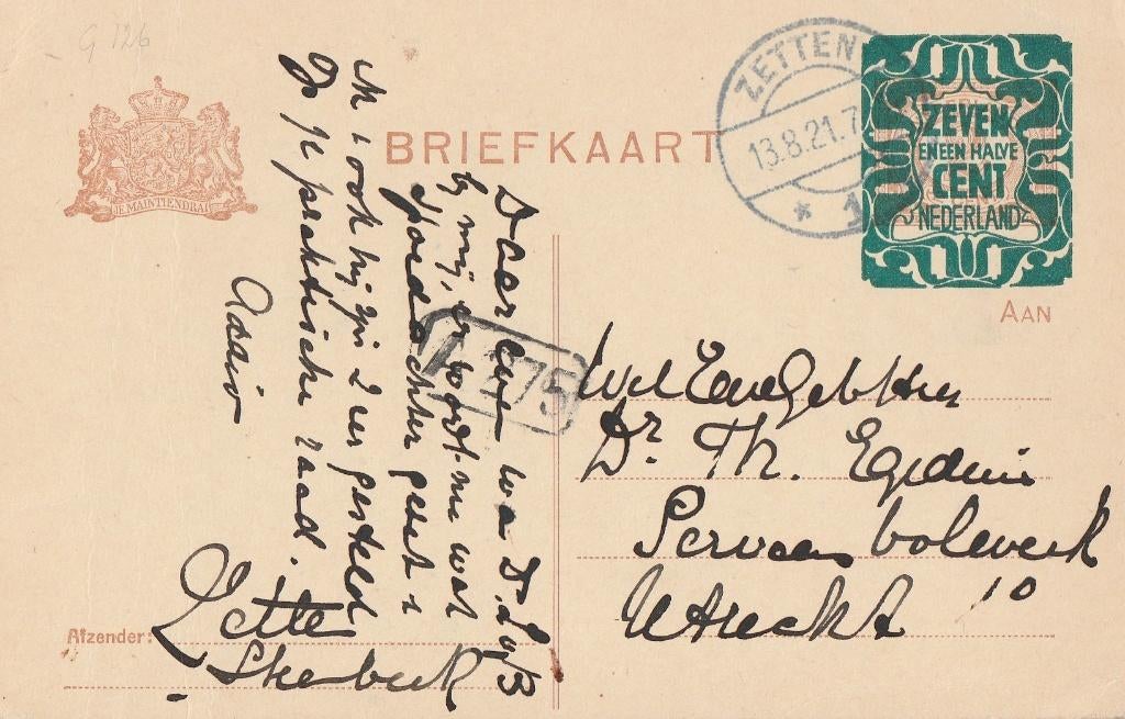 ZETTEN 1921 Afz Mun Steenbeek, Ophalen of Verzenden, 1920 tot 1940, Gelopen, Gelderland