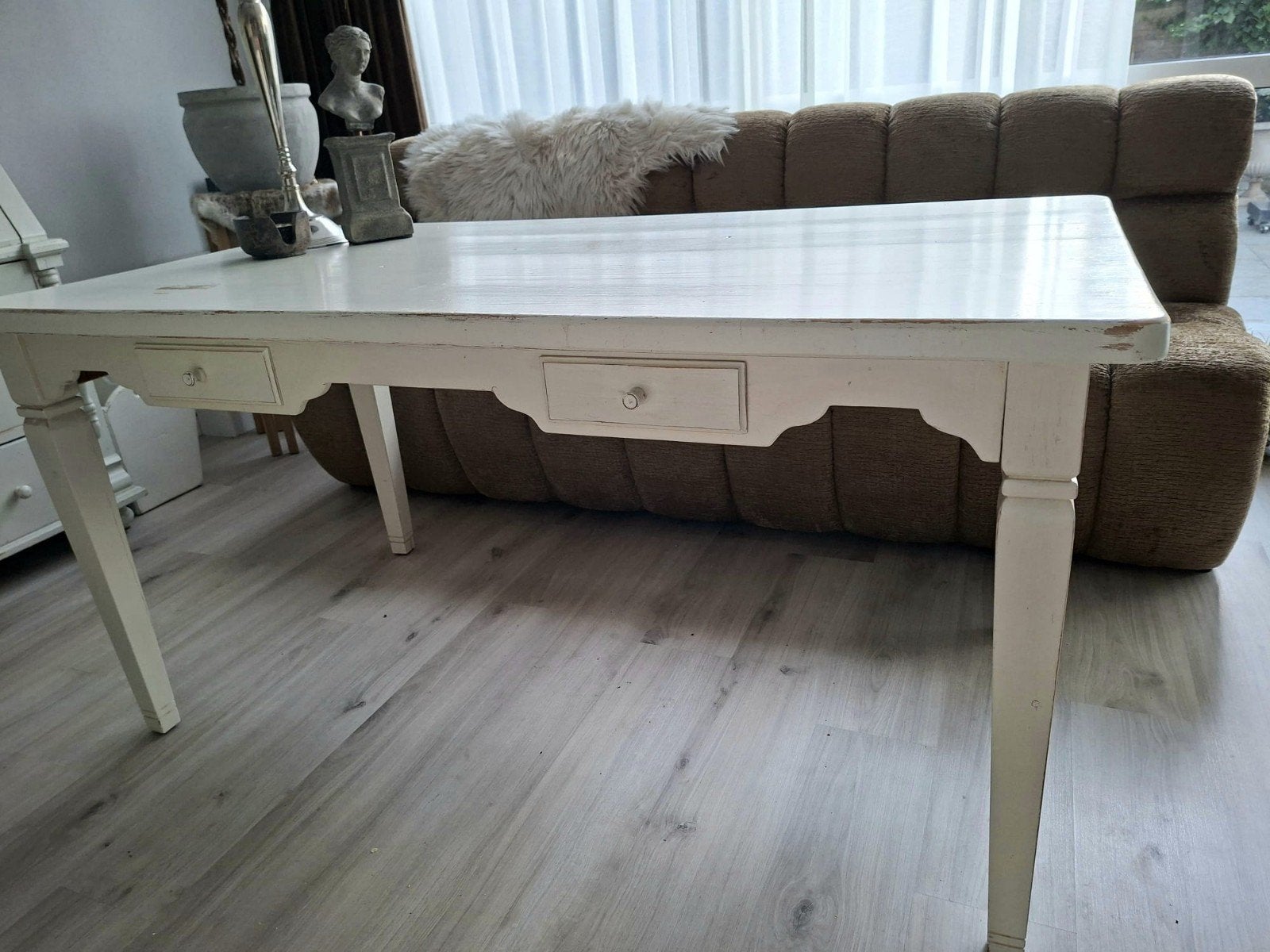 Grenen eethoek tafel wit geschilderd met 4 lades, Ophalen, Gebruikt, 50 tot 100 cm, Brocante, Landelijk