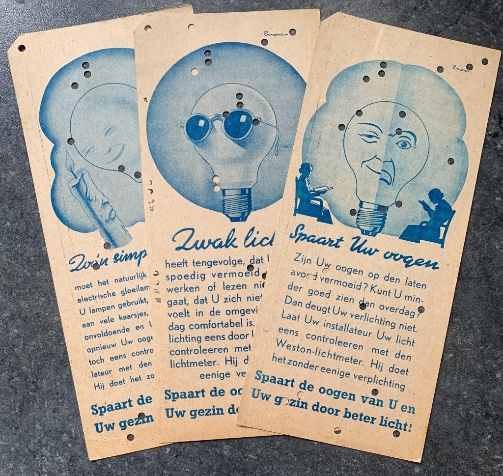 Ponskaarten 1938 met reclame Electrische Gloeilampen, Verzamelen, Verzenden, Gebruikt, Gebruiksvoorwerp