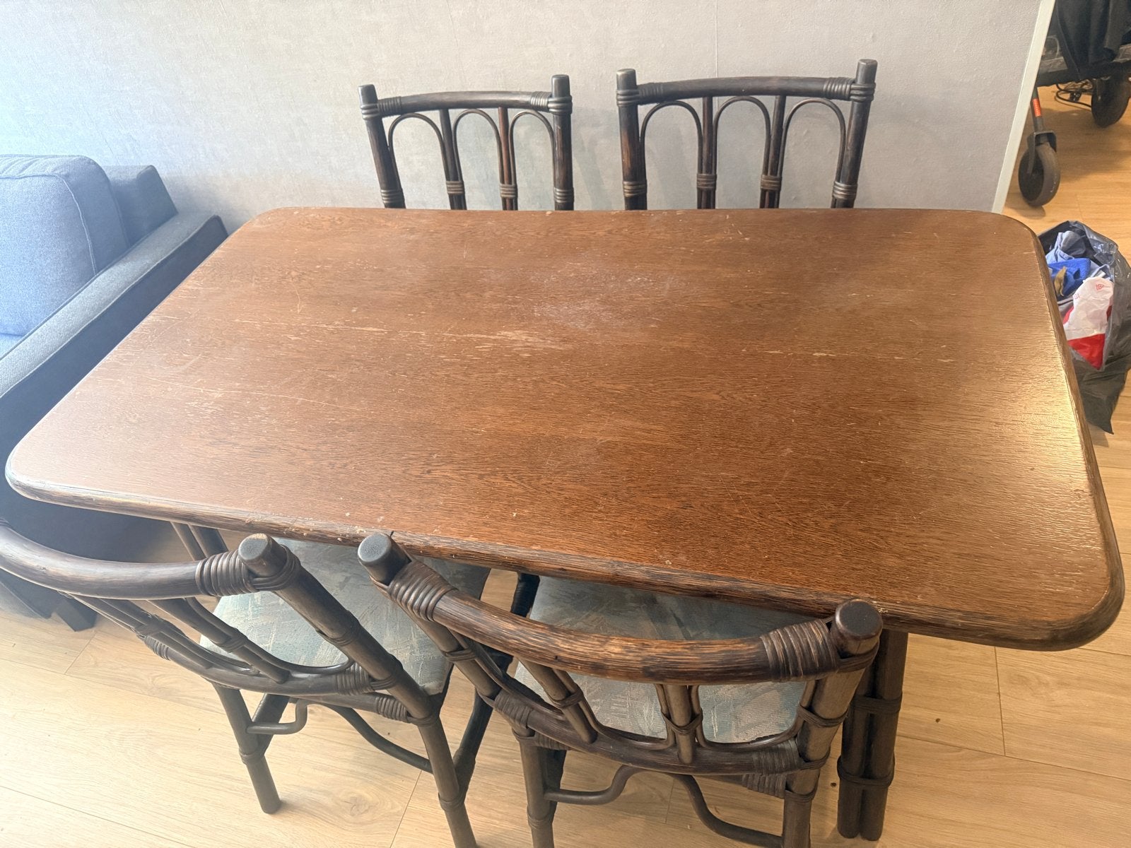 Vintage rotan eethoek met 4 stoelen, Ophalen, Gebruikt, 100 tot 150 cm, 50 tot 100 cm