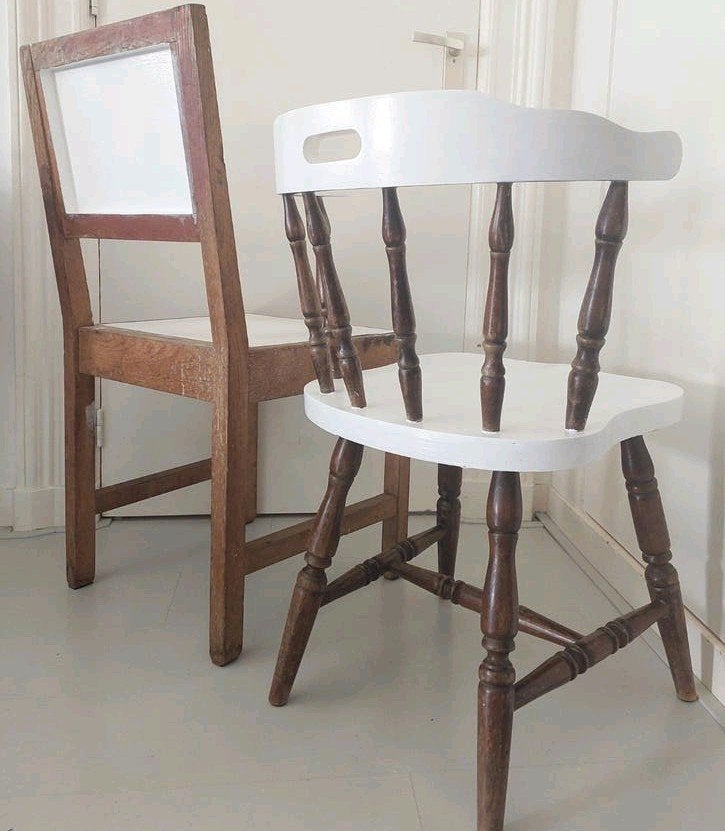 SET 2x Stoel Hout Pimped Wit Bijzettafel Vintage Brocante, Ophalen