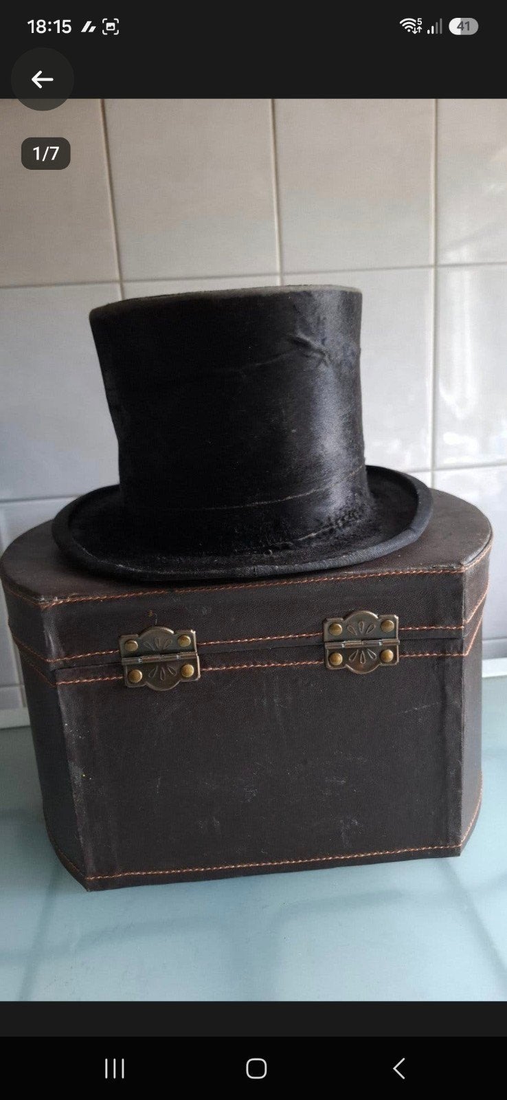 ​Titel: Antieke Chapeau Bas / Hoge Zijden Hoed (Maat 57), Ophalen of Verzenden