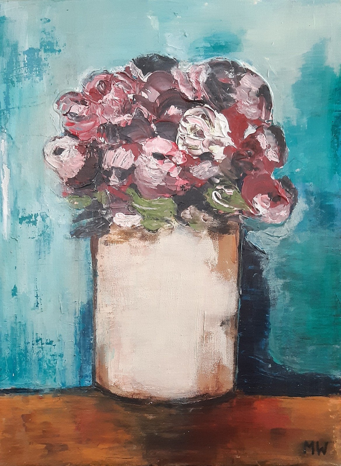 Schilderij met dik opgezet boeket roosjes 50x40cm, Ophalen of Verzenden