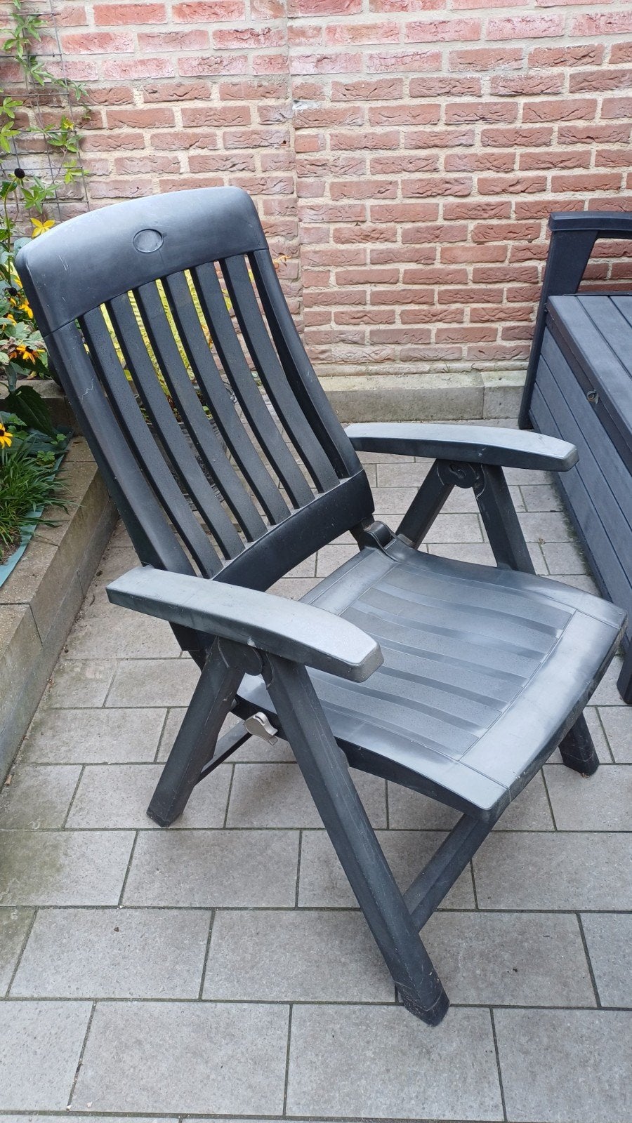 Vier zwarte verstelbare tuinstoelen, Ophalen, Gebruikt, Kunststof, Verstelbaar