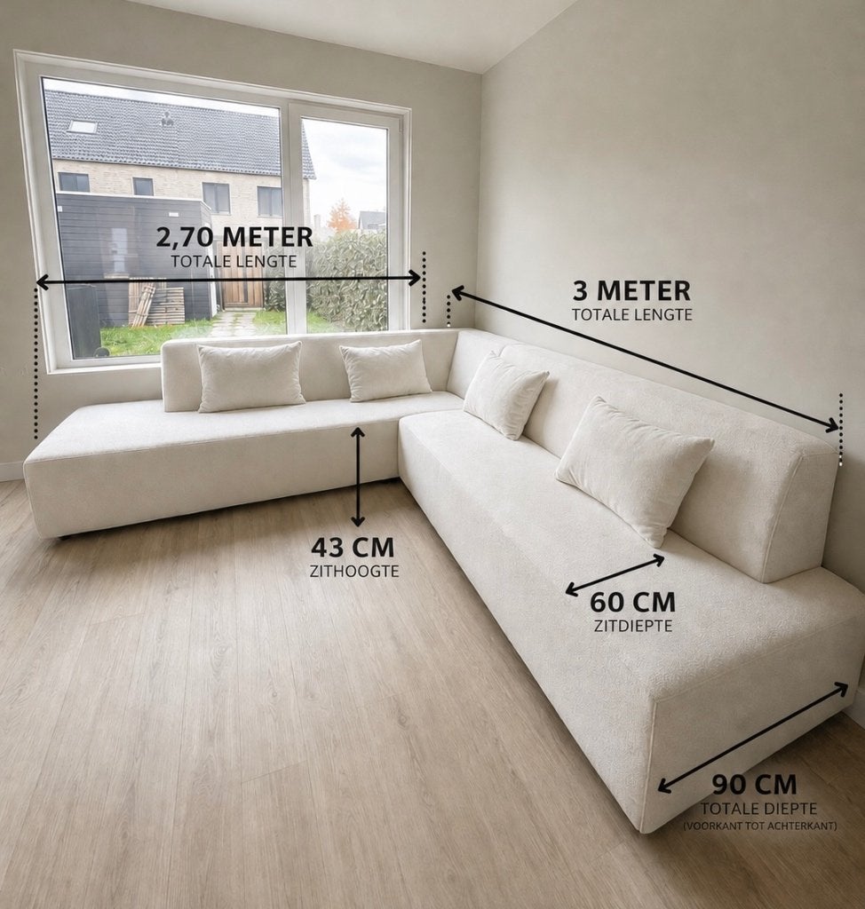Beige / witte japandi hoekbank, Ophalen, Japandi, 250 tot 300 cm, Hoekbank