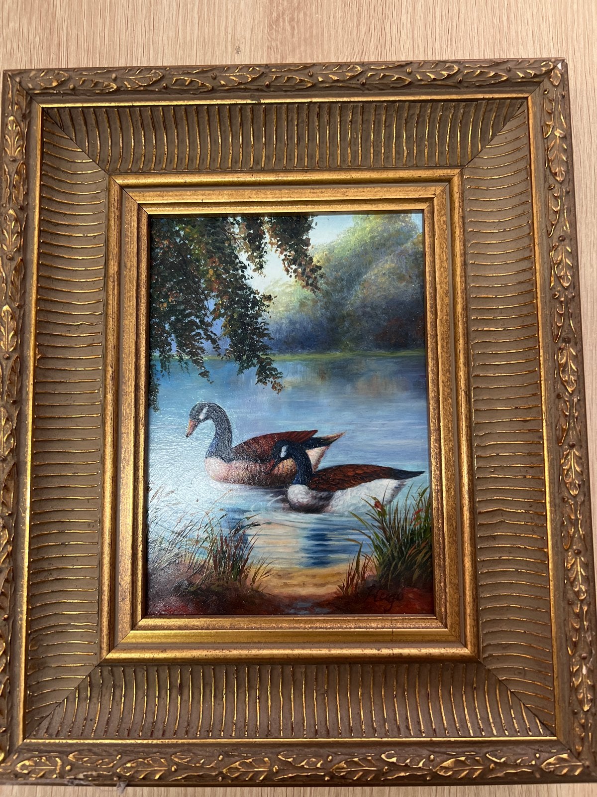Schilderij met ganzen in vergulde lijst, Paneel, Realistisch, Bijzondere lijst, Dieren