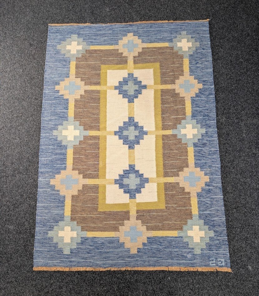 Traditioneel Zweeds Vloerkleed, Sverker Greuholm, jaren '60, Gebruikt, Blauw, 200 cm of meer, Ophalen of Verzenden