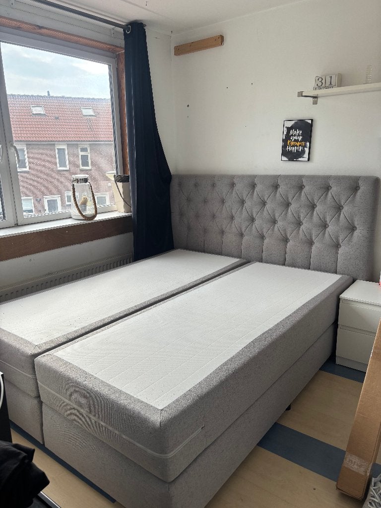 Boxspring 160x200 grijs met hoofdbord, goede staat, Ophalen, Tweepersoons, Zo goed als nieuw, 200 cm