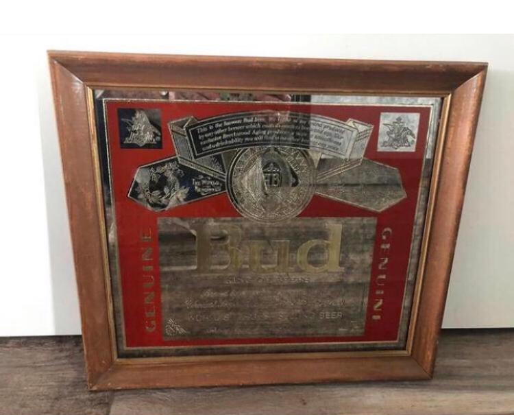 💝 Vintage BUD BUDWEISER bier reclame spiegel in lijst hout, Ophalen of Verzenden, Zo goed als nieuw, Reclamebord, Plaat of Schild