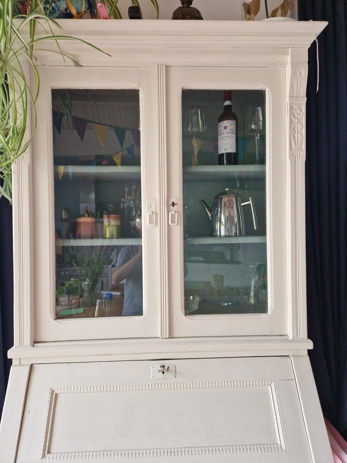 Antieke secretaire met vitrinekast - Crèmewit, Ophalen