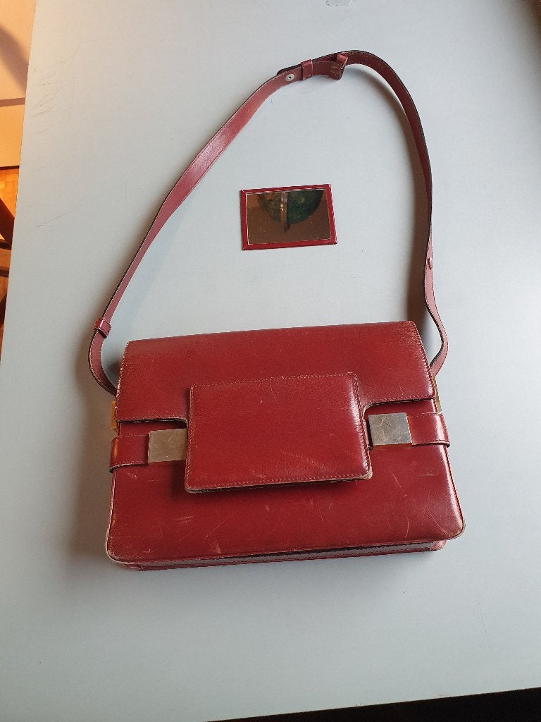 Vintage Delvaux handtas rood leder met origineel spiegeltje, Ophalen of Verzenden, Gebruikt, Rood, Handtas