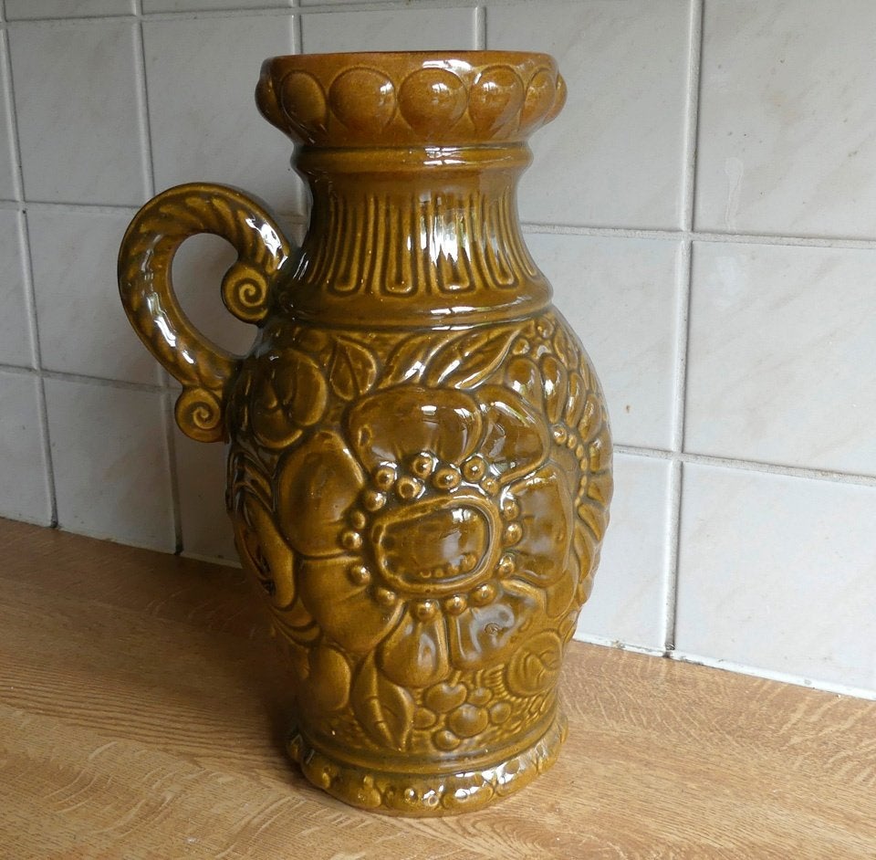 Scheurich vintage vaas 487-28 bruin reliëfbloem West-Germany, 28 cm, Gebruikt, Bruin, Met patroon/structuur