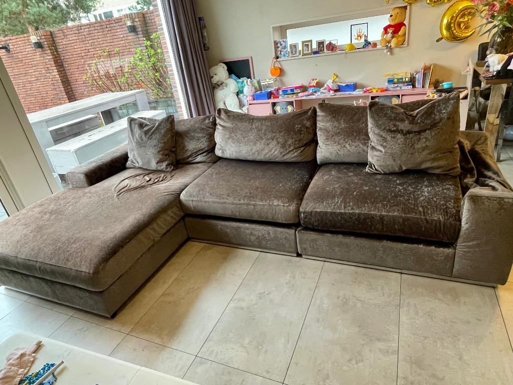 Grijze velours lounge bank – modulair – moet weg, Ophalen, Gebruikt, Minder dan 75 cm, 300 cm of meer
