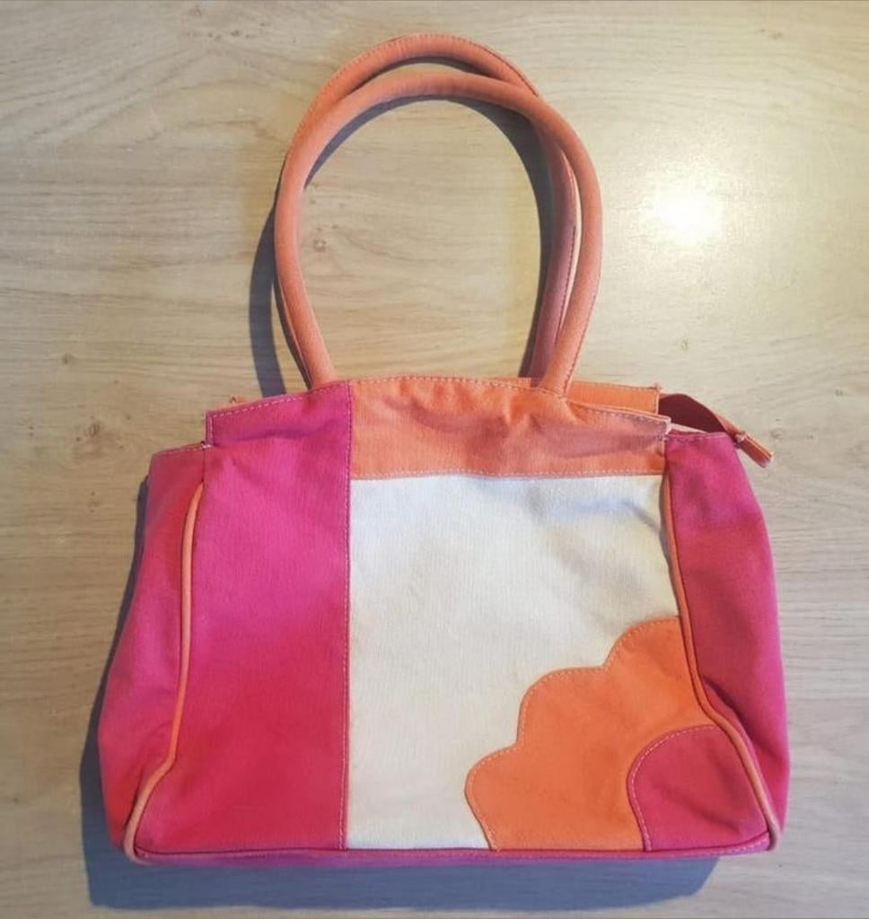 Katoenen handtas, vintage, 70's (rood, oranje, wit), Ophalen of Verzenden, Rood, 30 cm of meer