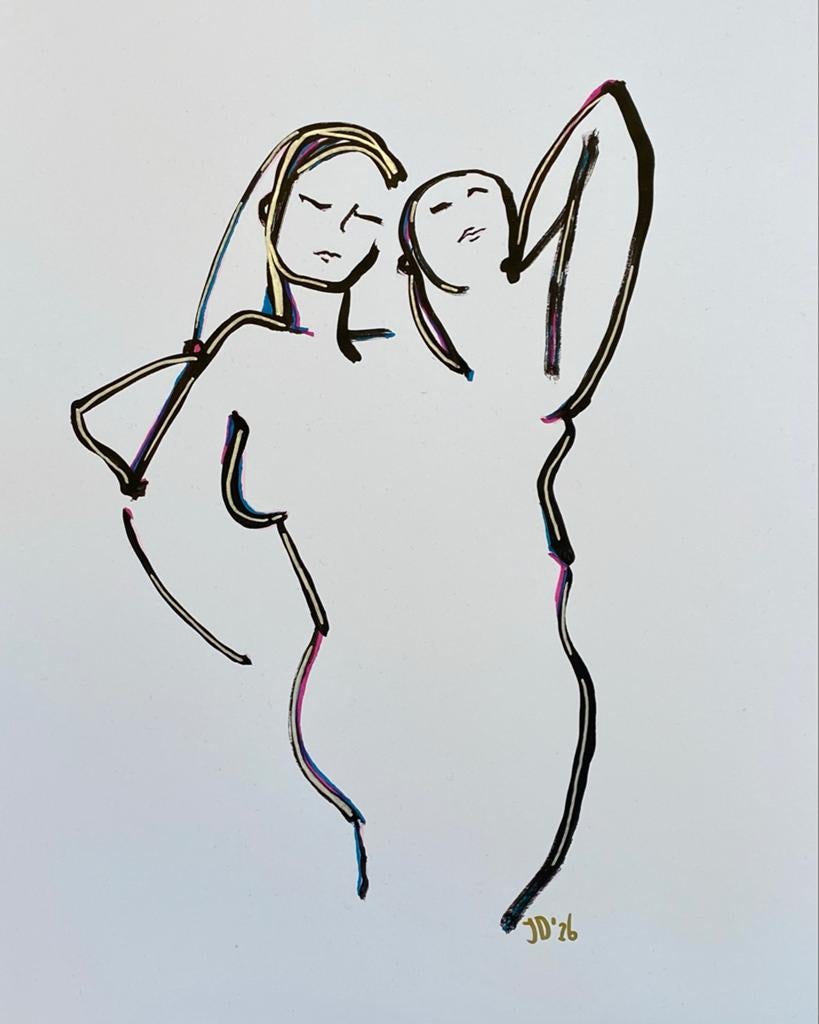 Abstracte lijntekening van twee vrouwen, gesigneerd, Antiek en Kunst, Kunst | Schilderijen | Klassiek, Ophalen of Verzenden
